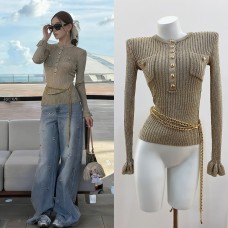 Home Golden Lurex Knit Henley Neck Slim Fit Knit Top with Waist Chain Metallic Feel Home Golden Lurex Knit Henley Neck Slim Fit Knit Top with Waist Chain Metallic Feel