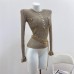 Home Golden Lurex Knit Henley Neck Slim Fit Knit Top with Waist Chain Metallic Feel Home Golden Lurex Knit Henley Neck Slim Fit Knit Top with Waist Chain Metallic Feel