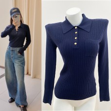 Home French Style Embroidered Ribbed Polo Neck Long Sleeve Knit Top Home French Style Embroidered Ribbed Polo Neck Long Sleeve Knit Top