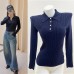 Home French Style Embroidered Ribbed Polo Neck Long Sleeve Knit Top
