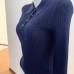 Home French Style Embroidered Ribbed Polo Neck Long Sleeve Knit Top