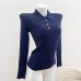Home French Style Embroidered Ribbed Polo Neck Long Sleeve Knit Top