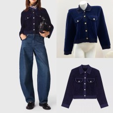 Brushed Knit Top for Turn-Down Collar Single Breasted Long Sleeve Short Length