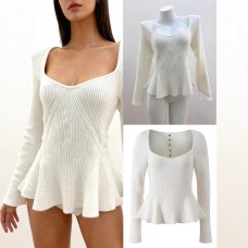Sleeve Length  Neckline Type of Clothing  Solid Color  Long Sleeve  Square Neck Knit Top for Women