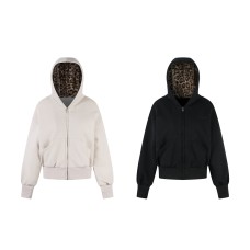 Leopard print patchwork and plush thick hooded sweatshirt jacket