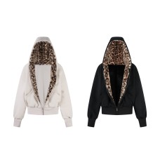 Retro leopard print patchwork hooded sweatshirt jacket