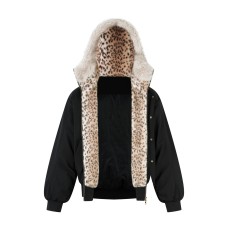 Leopard print fur collar patchwork hooded jacket