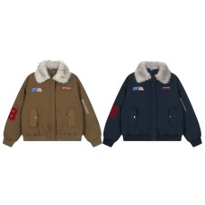 Embroidered fur collar motorcycle jacket with cotton jacket