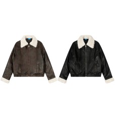 Retro Maillard PU leather fur collar with cotton jacket