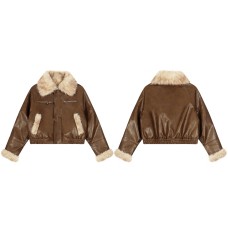 Spicy Girl PU Leather Plush Collar with Plush Short Coat for Women