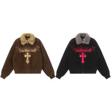 Cross embroidered suede jacket with fur collar jacket