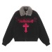 Cross embroidered suede jacket with fur collar jacket