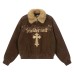 Cross embroidered suede jacket with fur collar jacket