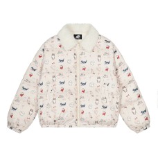 Fun Full Print Puppy Plush Collar Cotton Jacket for Women