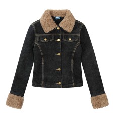 Retro lamb fleece patchwork denim jacket for women