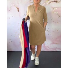 Solid Color V-neck Mid-length Dress Women's Dress