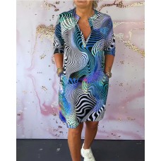 Elegant Printed V-Neck Midi Sleeve Dress for Women
