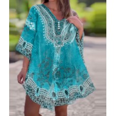 Fashionable V-Neck Ethnic Print Loose Kaftan Top for Women