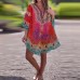 Fashionable V-Neck Ethnic Print Loose Kaftan Top for Women