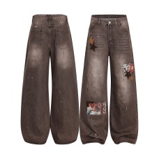 Vintage handmade splashed ink loose star patch straight leg jeans
