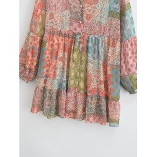 Chic Long Sleeve Loose Printed Patchwork Dress for Women