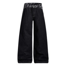 Leopard print spliced denim pants with waistband