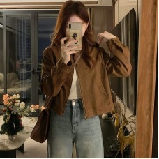 Muted Brown Suede Autumn Women's Vintage Top Stand Collar Deer Skin Velvet Short Jacket