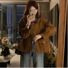 Chic Melange Brown Suede Jacket, Casual  Short Top