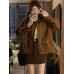 Chic Melange Brown Suede Jacket, Casual  Short Top