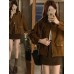 Chic Melange Brown Suede Jacket, Casual  Short Top