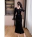 Vintage Style Lace Flared Sleeve Sequin Velvet Top ampFish Tail Skirt Two-Piece Set