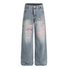 Graffiti letter print washed denim wide leg