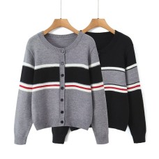 Color blocking striped round neck sweater jacket