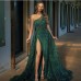 Chic Asymmetric Shoulder Slit Long Dress for Women with Sequins and Strap Detailing, Evening Gown, Formal Wear