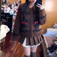Rabbit Jacquard Lapel Zip-Up Knit Cardigan for Women