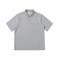 Unisex Relaxed Fit Short Sleeve Button-Down Shirt with Pockets and Stripe Pattern for Men