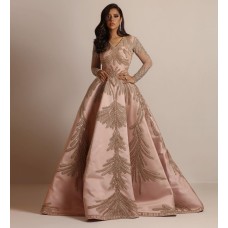 Elegant Gold-Embossed Long Dress with Wide Sleeves for WomenParty Evening Gown