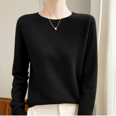 Chic Solid Color Knitted Sweater for Women, Round Neck, Pineapple Pattern