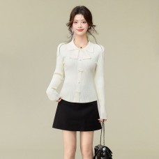 Chic Lady Style Polo Collar U-Shaped Hem Knit Top