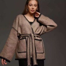 Knitted Cardigan with Tie-Up Detail, Loose Fit, Color-Blocking Sweater