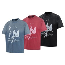 Printed washed and worn short sleeved T-shirt