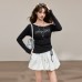 Shoulder-Baring Rhinestone Stud Fitted Inner Long Sleeve