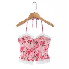 V-neck hanging neck tied floral top
