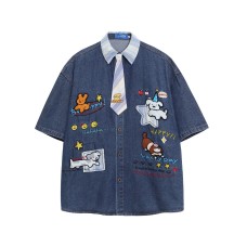 Fun cartoon embroidered short sleeved denim shirt