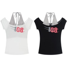 Sweet and Cool Style False Two-Piece Halter Neck Short Sleeve T-Shirt for Women