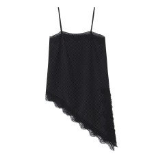 Lace trimmed polka dot asymmetrical hem camisole top