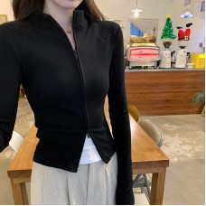 Stand-Up Collar Slim Fit Double Zipper Long Sleeve T-Shirt