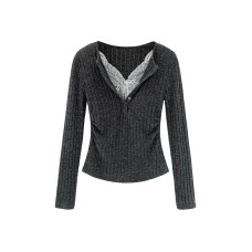 Lace Splicing Inner Layer Half-Open Collar Fitted Long Sleeve Top