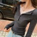 Lace Splicing Inner Layer Half-Open Collar Fitted Long Sleeve Top