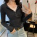 Lace Splicing Inner Layer Half-Open Collar Fitted Long Sleeve Top